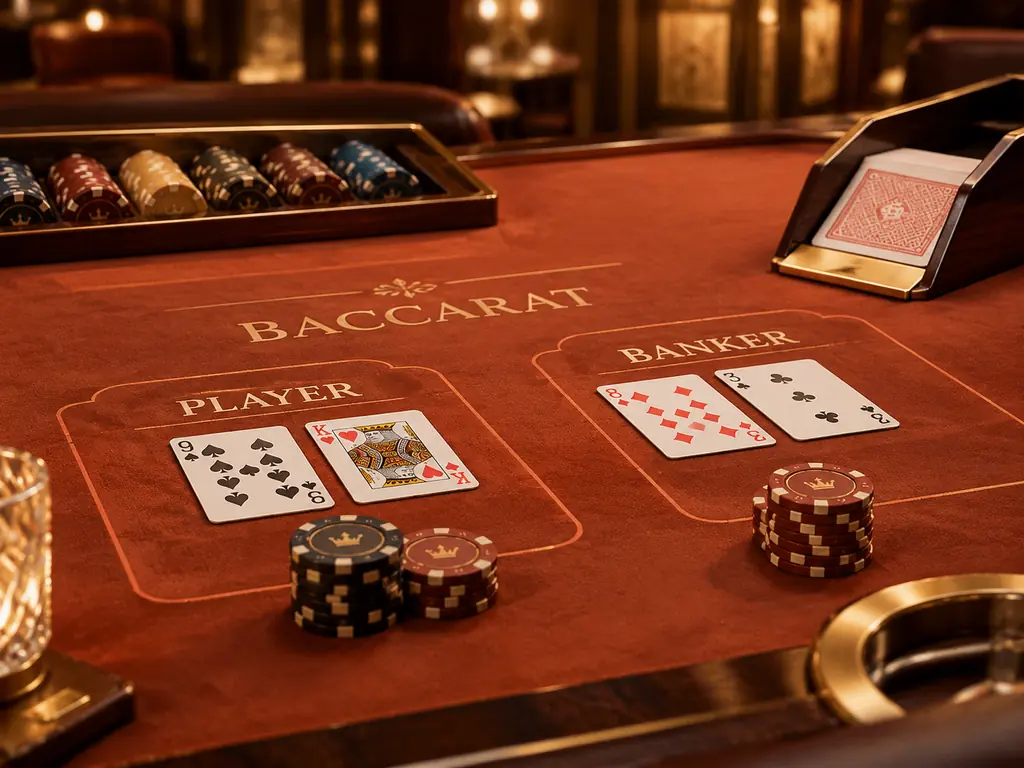 Meja baccarat dengan dua kelompok kartu dan tumpukan cip