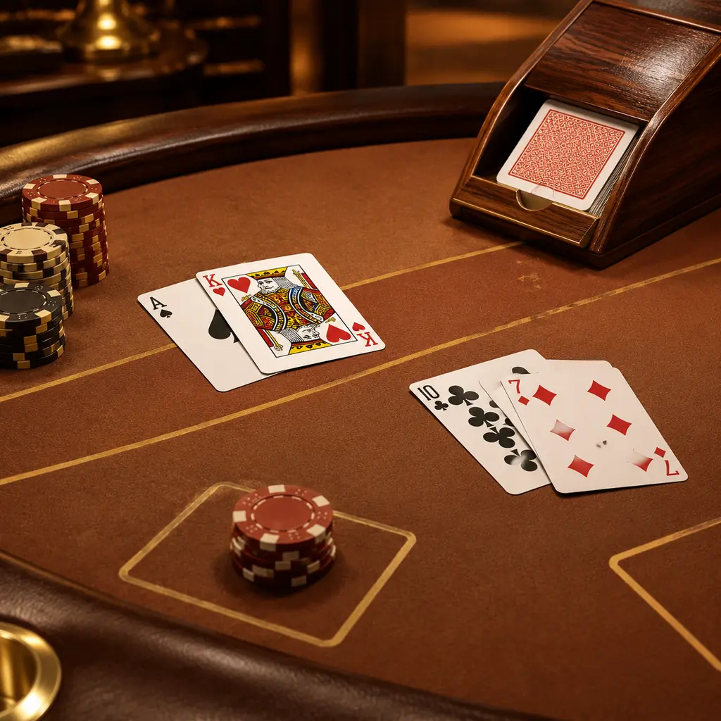 Kartu As dan kartu bergambar di meja blackjack dengan cip