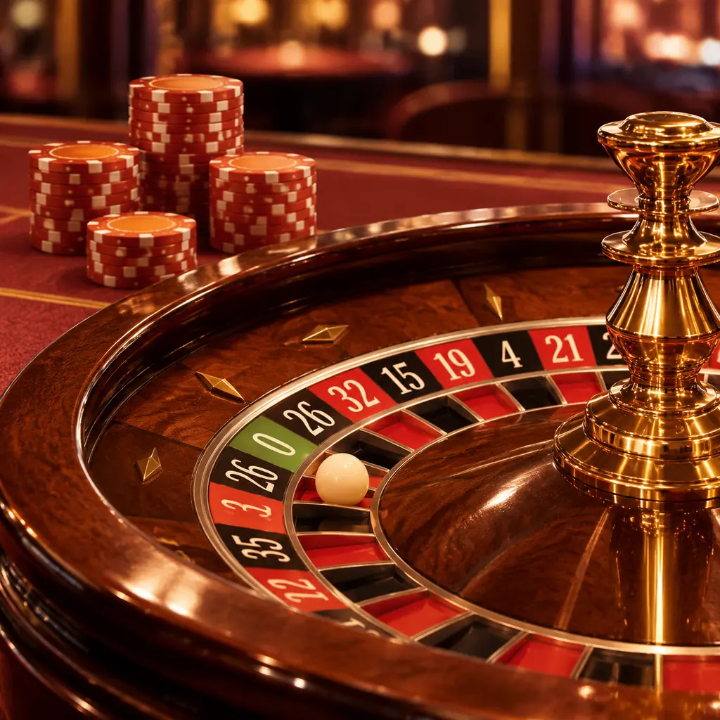 Roda roulette dengan bola dan cip dalam pencahayaan hangat