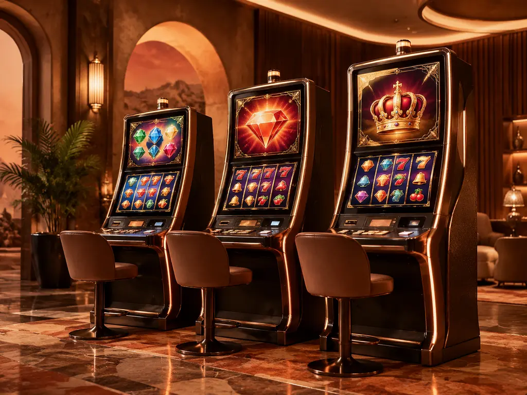 Deretan kabinet slot dengan simbol berwarna di ruang kasino